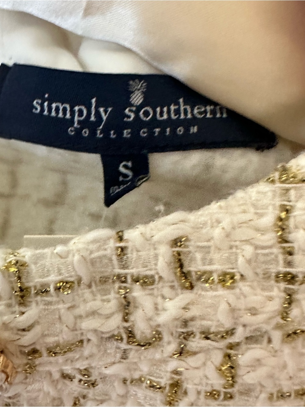 Simply Southern Cream Tweed Puff-Sleeve Dress with Pearl/Gold Buttons - Picture 9 of 9